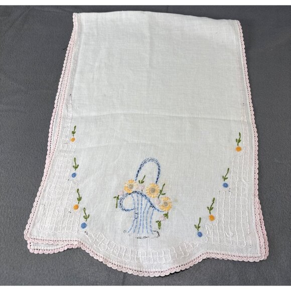 Hand Embroidered Linen Table Runner Flowers & Pink Lace Trim 38x14" - Picture 9 of 11